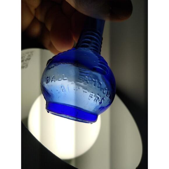 Wheaton Blue Carnival Glass Bottle Ball & Claw Bitters Medicine 1970's Mini 3" - Picture 5 of 6